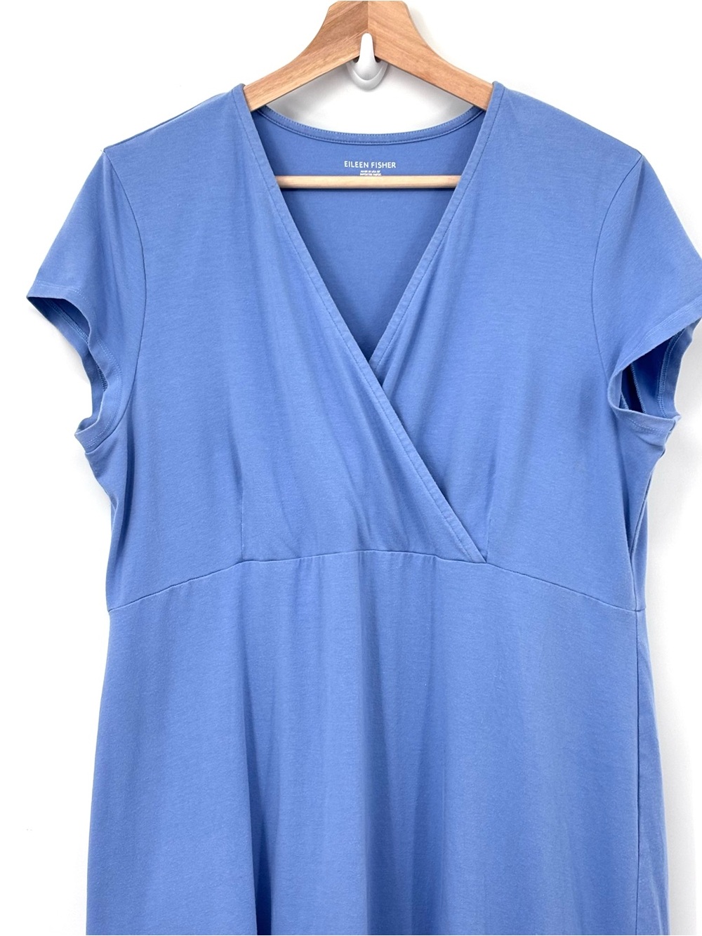 Eileen Fisher Blue faux wrap organic Cotton empire waist midi jersey dress Large - Picture 3 of 8
